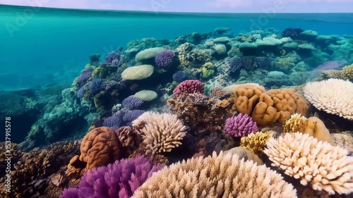 Underwater world featuring vibrant coral reef formations and clear turquoise ocean water under blue sky with white clouds.