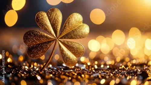 A gleaming golden four leaf clover stands amidst shimmering specks of gold and bokeh lights, symbolizing luck and prosperity.