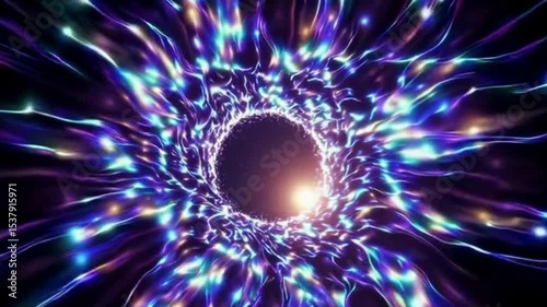 A vibe of pinning tunnel of light and particles in deep space, soft glowing center, motion draws viewer inward