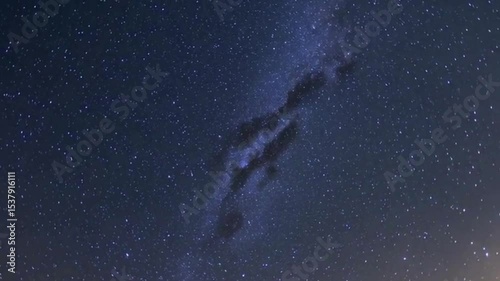 Ultra-wide static shot of clear starry night sky with subtle Milky Way band, peaceful tone, large sky space for text