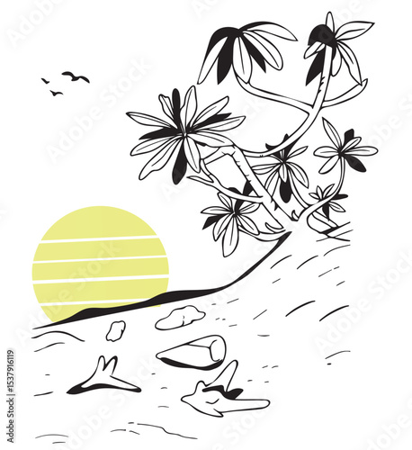 exotic landscape sketch tropical tree on the ocean shore vector hand drawn