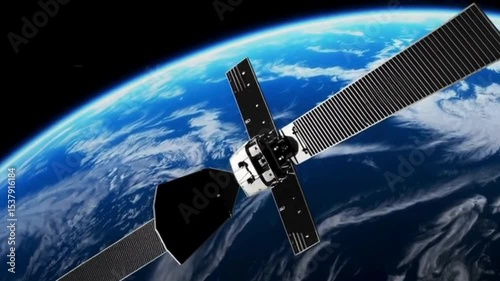 Satellite slowly orbiting above blue planet with deep black universe behind, motion parallax, empty dark sky area for branding