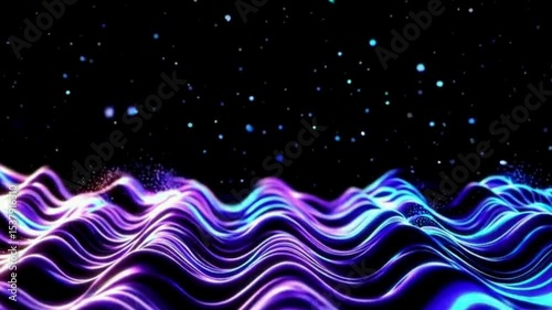 Slow waves of glowing plasma and particles flowing horizontally across dark space background, subtle movement, futuristic feel, copy space center