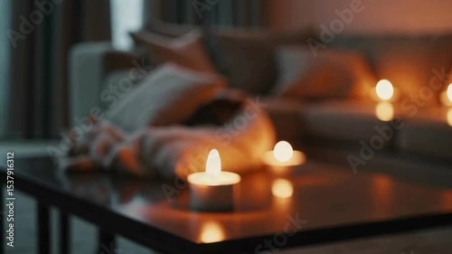 Warm-lit living room with soft cushions, blankets, candles on coffee table, and cat sleeping on couch, ambient camera movement