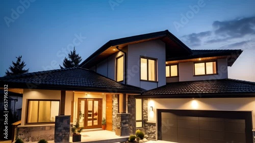 Modern architecture residence with landscaping and lighting at twilight with garage and stone accents