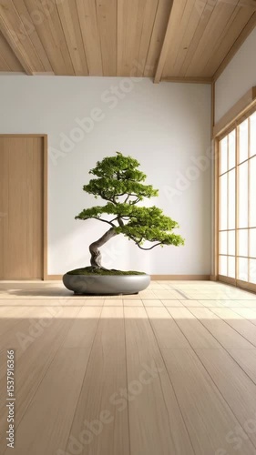 Japanese room with tatami flooring featuring bonsai tree in elegant gray pot next to shoji window and light streaming through