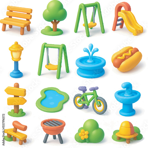 3D Cartoon Park Icon Set – Cute Playground and Outdoor Activity Objects


