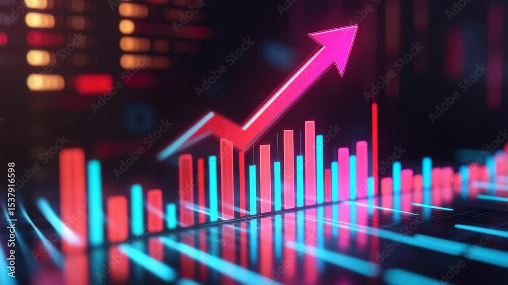 Rising red arrow with colorful bar chart digital screen showing financial growth and positive business trend vibrant neon bars and lines create dynamic and optimistic atmosphere colorful digital bar