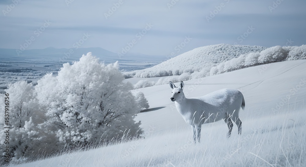 Naklejka premium White Deer Standing on Snow Covered Hills in Winter Landscape