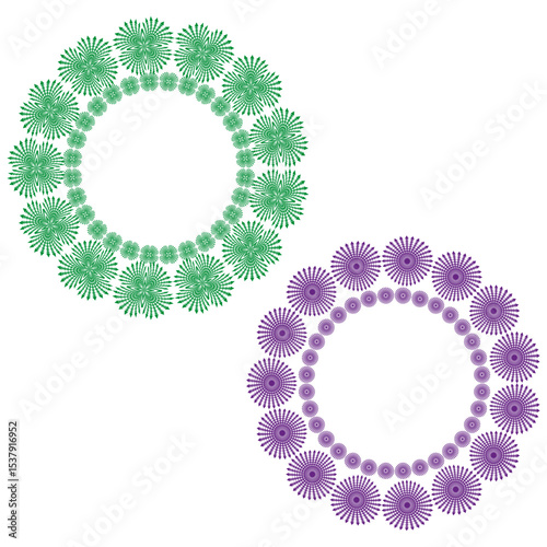 Decorative flower rings. Petal circle forms. Symmetrical foliage loop. Vector ornament wreath.