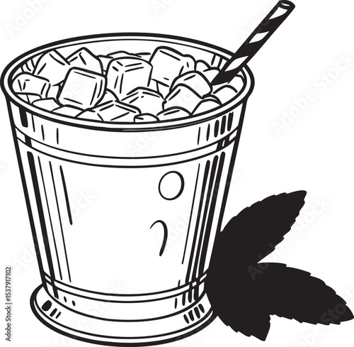 Hand-drawn vector illustration of a white recycling bucket with a glass of milk and an ice container
