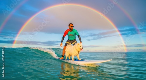 joyful surfer riding wave with fluffy white dog under a vibrant rainbow in tropical ocean