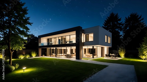 Wallpaper Mural Modern two-story house with large windows and illuminated lawn at night under a starry sky. Torontodigital.ca