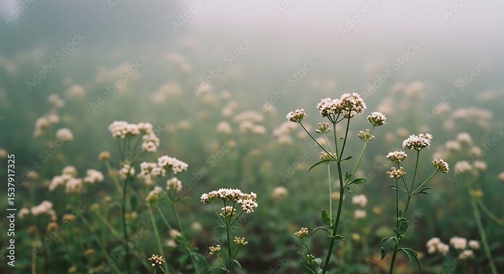 Obraz premium White Valerian Flowers in a Misty Field, Tranquil Nature Scene