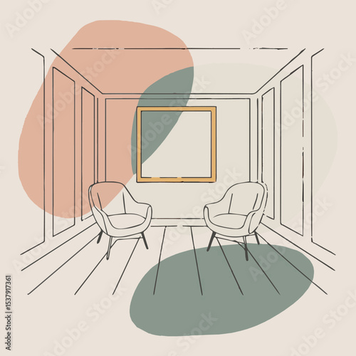 Vector illustration of a bedroom interior with a window, featuring furniture and a lamp, evoking an empty, light, and modern home design