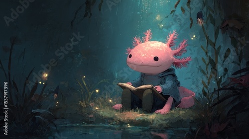 A whimsical axolotl creature engrossed in reading.