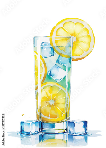 Refreshing Watercolor Illustration of a Lemon Iced Drink. Glass of water with lemon. Vibrant watercolor painting of a tall glass filled with ice and lemon slices.