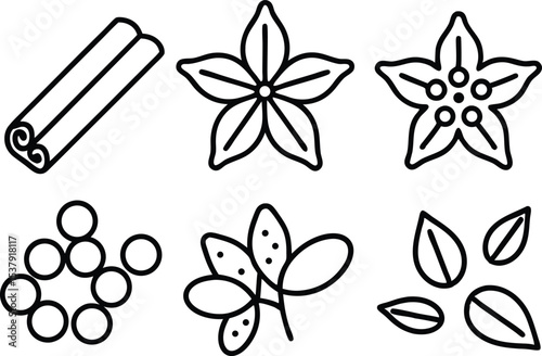 Outline style spice garnish icon set for culinary designs and branding