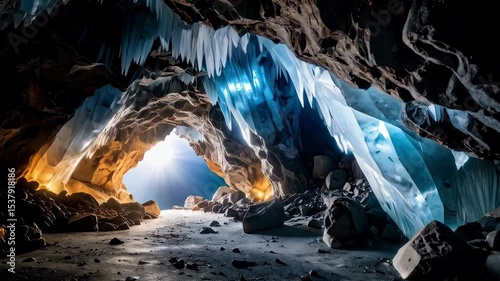 Spectacular ice cave with shimmering light streaming through the entrance and illuminating crystal formations and rocky ground, inside view
