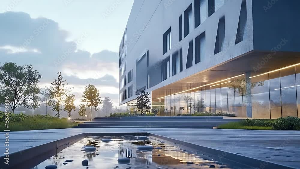 Modern architectural building with reflective water feature surrounded by greenery at sunset