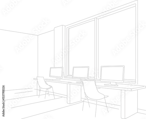 A contemporary architectural sketch showcasing the interior design of a home living room with a modern chair and window for a conceptual building project