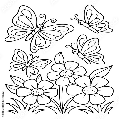 A graceful group of butterflies flutters above blooming flowers, illustrated in elegant black-and-white outlines, perfect for a beautiful coloring page.