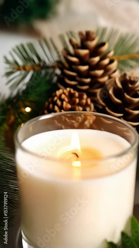 Elegant winter holiday decoration with creamy wax candle, pine cones, and green foliage arrangement for festive home decor.