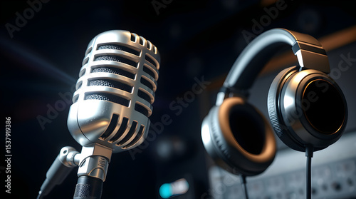 Professional microphone and headphones recording audio in music studio