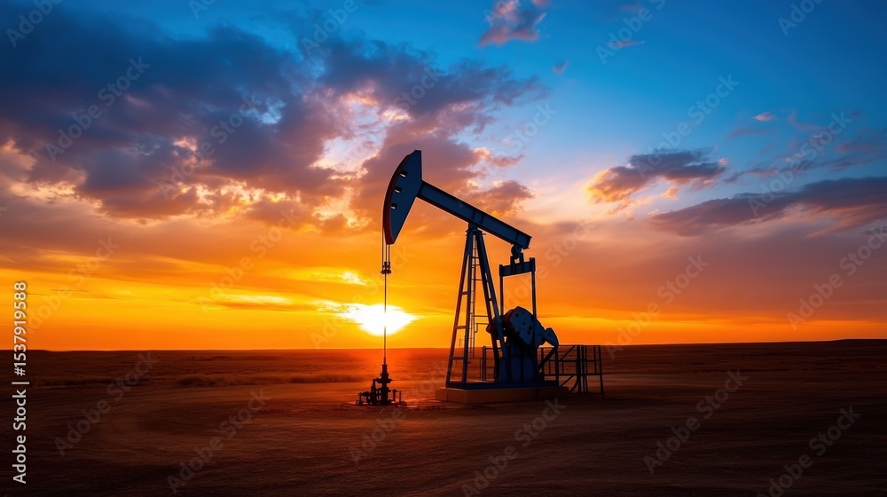 An oil pumpjack operates in a vast desert landscape during a vibrant sunset with dramatic clouds and warm colors. An oil pumpjack operates in a vast desert landscape during a vibrant sunset with dramatic clouds and warm colors.
