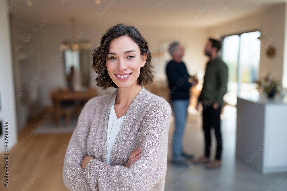 Obraz premium Professional real estate agent giving a house tour to clients, standing in a modern living room