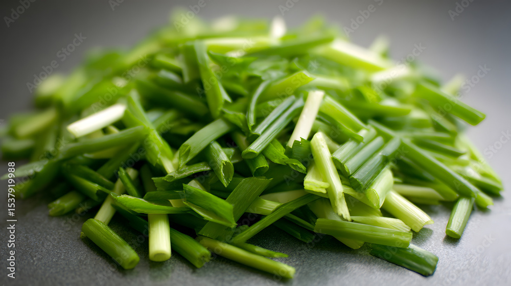Freshly Julienned Scallions Piled Neatly On Smooth Gray Surface For Culinary Preparation Freshly Julienned Scallions Piled Neatly On Smooth Gray Surface For Culinary Preparation