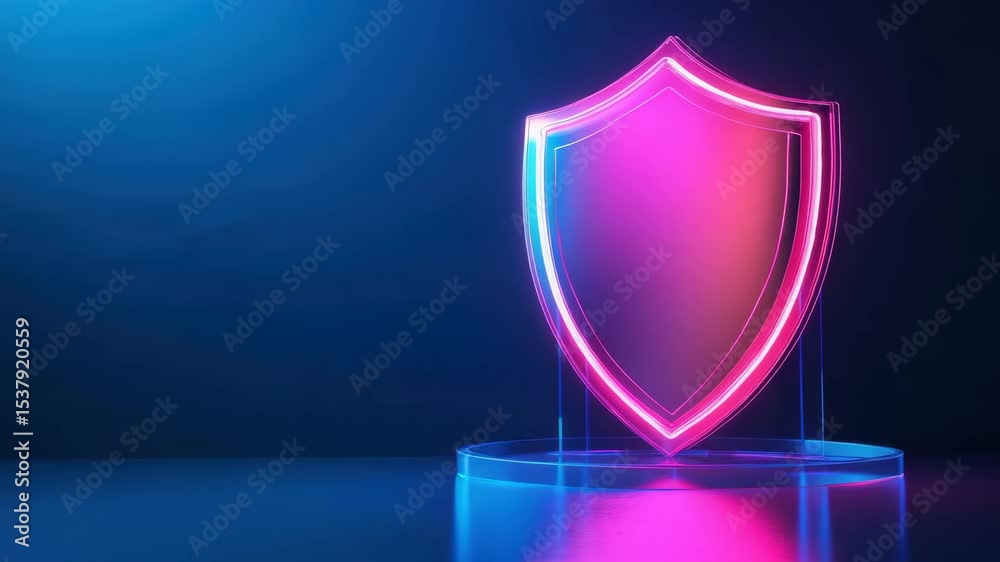 Neon shield glowing with pink and blue light transparent stand, futuristic protection symbol with vibrant reflection dark background, neon glowing shield symbol pink and blue colors reflective