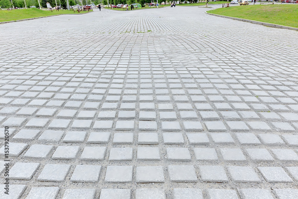 Fototapeta premium Grey paving stones arranged in a grid pattern.