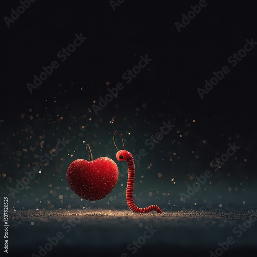 A vibrant close-up of a worm and a heart-shaped fruit.
