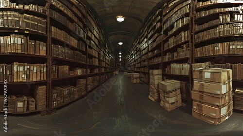 Ancient library, bookshelves, arched hallway, dimly lit, historical archives, interior shot, research, potential stock photo