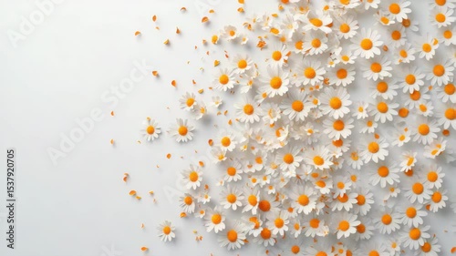 Daisy flower petals scattered on white background with bright orange centers creating fresh floral pattern nature spring vibrant petal design soft shadows natural light bright cheerful background