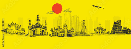 Hyderabad City Skyline Artistic Illustration with Cultural Touch, No Blue Color, Perfect for Travel Blogs, Wall Art, and Cultural Storytelling