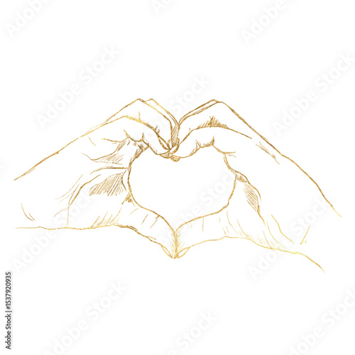Vector doodles in the form of a golden hand gesture, highlighted on a white background.  Sign love, heart. The texture of writing materials. Handwritten gold drawings and pencil strokes.