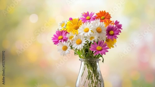 Colorful daisy flower bouquet in glass vase with pink, white, yellow, and orange flowers creating bright, cheerful spring decoration perfect for home or event with soft bokeh background