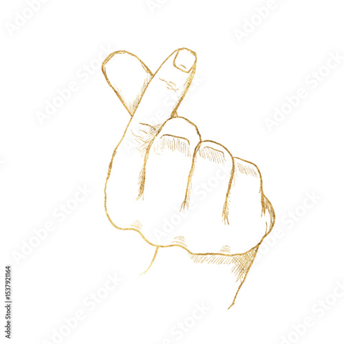 Vector doodles in the form of a golden hand gesture, highlighted on a white background.  Sign love, heart. The texture of writing materials. Handwritten gold drawings and pencil strokes.