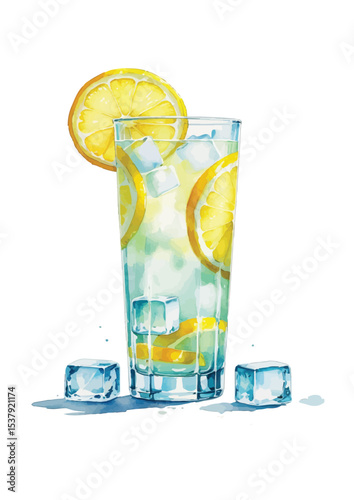 A vibrant watercolor painting depicts a tall glass filled with ice cubes and lemon slices, creating a refreshing summer drink. Watercolor Illustration of a Refreshing Lemon Iced Drink