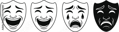 Comedy and tragedy face masks, emotional theater icons, classic drama expressions, happy sad vector art, black and white illustration, performance symbol