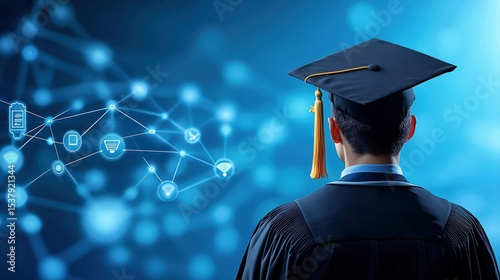 A graduate in cap and gown faces a digital network symbolizing connections and technology in education.
