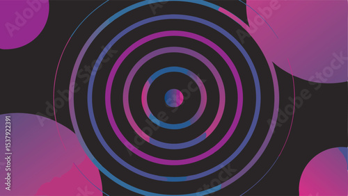 Concentric circles with gradient colors on a dark background and overlapping gradient circles around it
