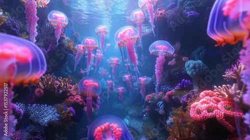 Very realistic and glowing deep sea coral reef with jellyfish