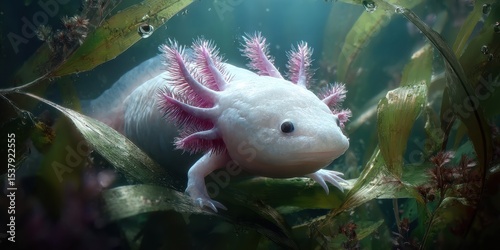 Submerged aquatic creature amidst kelp.