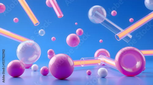 Pink and white spheres and tubes floating on blue background