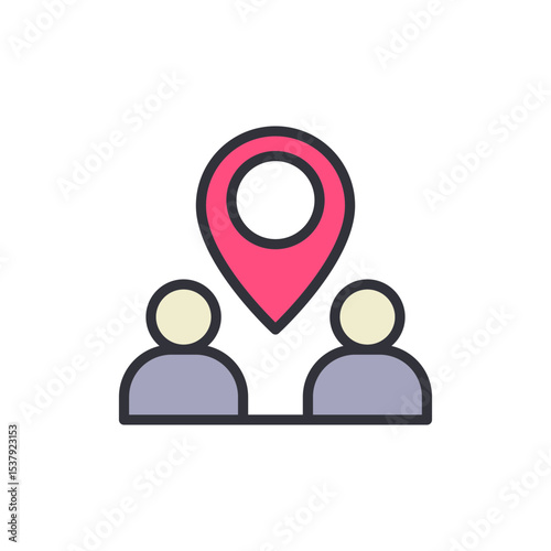 Meeting Point Icon Featuring People And Location Pin In Pink Color