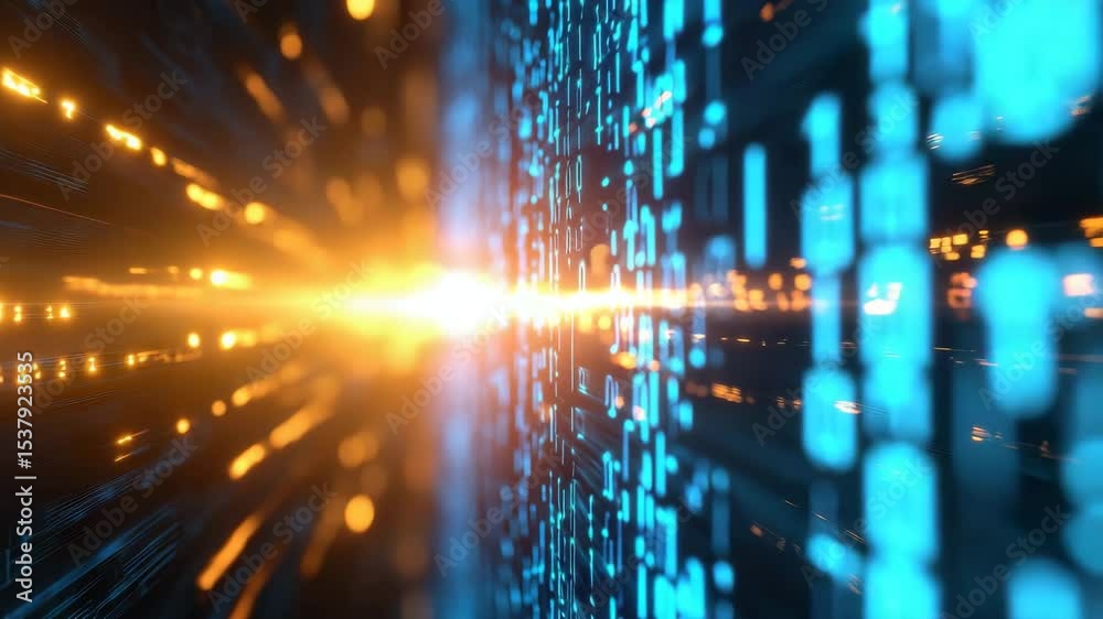 Digital data stream with glowing blue and orange binary code, abstract futuristic technology background featuring dynamic light glow, motion, and energy in vibrant digital code environment