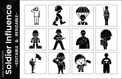 Diverse Black And White Soldier Icons Set Army Military Collection Of Characters